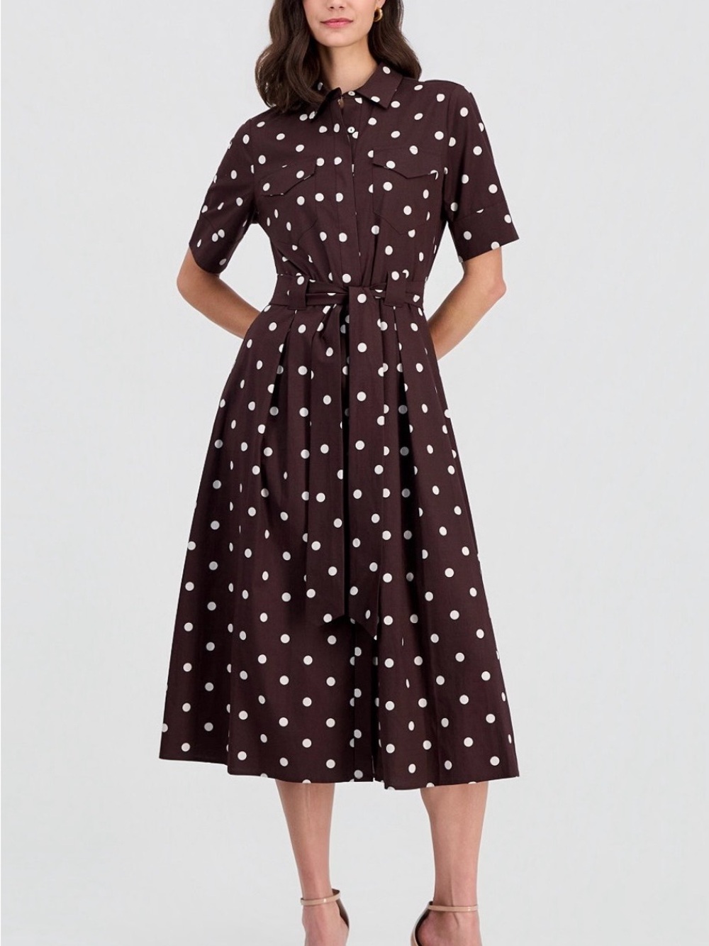 T Tahari Chocolate Brown and White Polka Dot Midi Shirt Dress NEW W TAGS - Picture 2 of 5